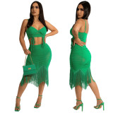 Camisole top with Bodycon pleated fringed skirt Solid color two-piece set