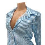 Summer Women'S Fashion Sexy Stripe Long Sleeve Loose Shirt Shorts Two-Piece Set