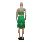 Camisole top with Bodycon pleated fringed skirt Solid color two-piece set