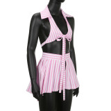 Women'S Stripe Print Turndown Collar Lace-Up Vest Pleated Skirt Panties Sexy Three-Piece Set
