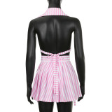 Women'S Stripe Print Turndown Collar Lace-Up Vest Pleated Skirt Panties Sexy Three-Piece Set