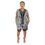 Beaded Fashion Print Short Sleeve Round Neck Casual Plus Size Two Piece Women