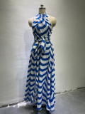 Women Summer Striped Halter Neck High Waist Slit Maxi Dress