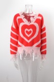 Women Heart Print V-Neck Ripped Fringe Long Sleeve Loose Sweater