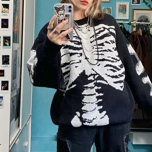 Women Casual Halloween Skull Print Long Sleeve Round Neck Sweater