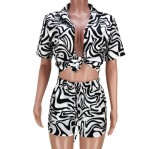 Women's Casual Print Cropped Open Waist Knotted Short Sleeve Shirt Shorts Two Piece Set
