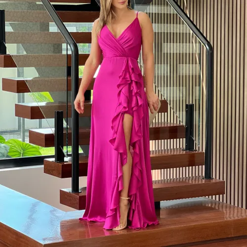 Women Summer Sling V-Neck High Waist Ruffle Irregular Slit Long Skirt