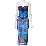 Women Summer Casual Butterfly Print Corset Tube Top+ Maxi Dress Two Piece