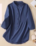 Camisa de lino de manga larga suelta con cuello levantado para mujer