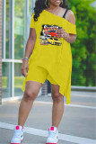 Women Summer Casual Slash Shoulder Slit Loose Graphic Print Short Sleeve Top + Shorts Two Piece