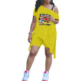 Women Summer Casual Slash Shoulder Slit Loose Graphic Print Short Sleeve Top + Shorts Two Piece