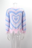 Women Heart Print V-Neck Ripped Fringe Long Sleeve Loose Sweater