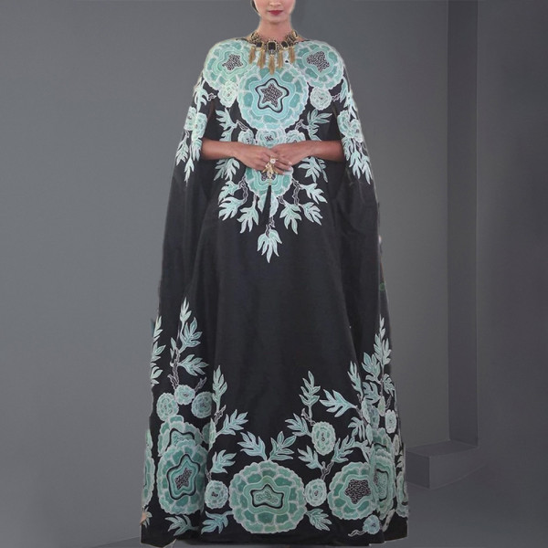 Women Vintage Ethnic Muslim Round Neck Bat Sleeves Printed Gown