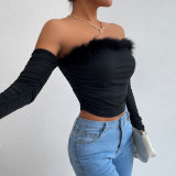 Women Summer Vintage faux fur Off Shoulder Backless Long Sleeve Top