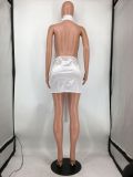 Women Summer White Sexy Turtleneck Sleeveless Solid Satin Mini Backless Club Dress