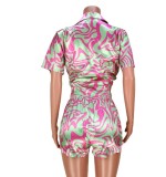 Women's Casual Print Cropped Open Waist Knotted Short Sleeve Shirt Shorts Two Piece Set