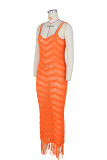 Summer ladies long dress sexy woolen suspenders knitting fringed beach dress