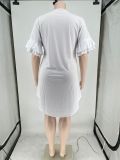 Plus Size Women Round Neck Print Ruffle Sleeve Dress