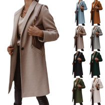 Autumn And Winter Women Solid Color Turndown Collar Button Woolen Coat