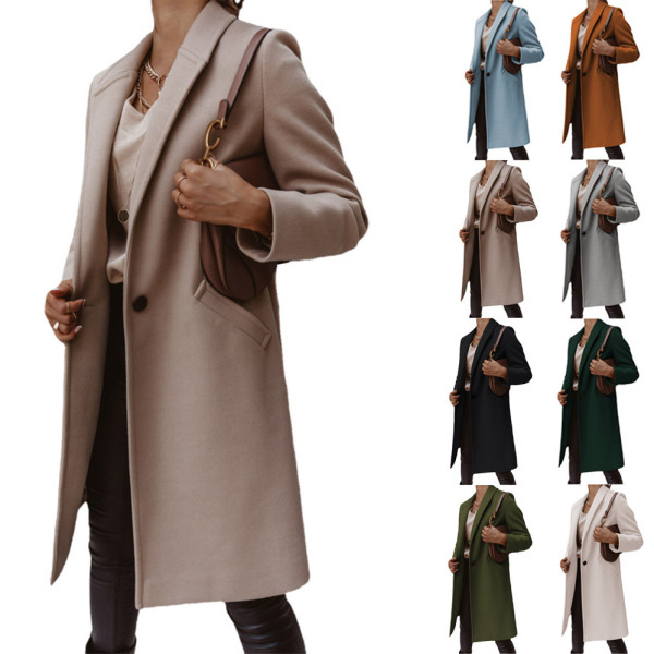 Осенне-зимнее женское однотонное шерстяное пальто с отложным воротником и пуговицами