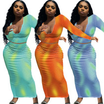 Women'S Sexy U-Neck Autumn And Winter Long-Sleeved Tie-Dye Skirt Two-Piece Set