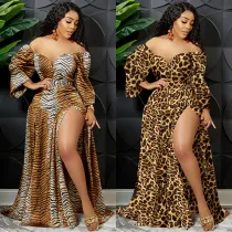 Printed V-Neck Wrap Chest Long Wide-Sleeve Irregular Slit Maxi Dress
