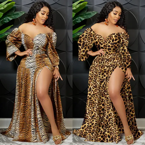 Printed V-Neck Wrap Chest Long Wide-Sleeve Irregular Slit Maxi Dress