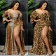 Printed V-Neck Wrap Chest Long Wide-Sleeve Irregular Slit Maxi Dress