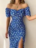 Women'S Off Shoulder Dress Classic Floral Elegant Slim Fit Slit Dress