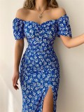 Women'S Off Shoulder Dress Classic Floral Elegant Slim Fit Slit Dress