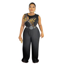 Ladies Round Neck Sleeveless Beaded Casual Loose Pleated Jumpsuit With Belt