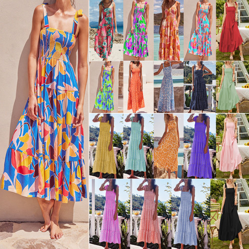 Sommer Damen Holidays Sling Lace-Up Print Langes Kleid