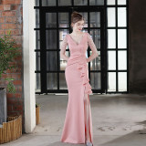Elegant Bride Solid V-Neck  Ruffled Slit Slim Fishtail Wedding Dress