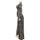 Printed V-Neck Wrap Chest Long Wide-Sleeve Irregular Slit Maxi Dress
