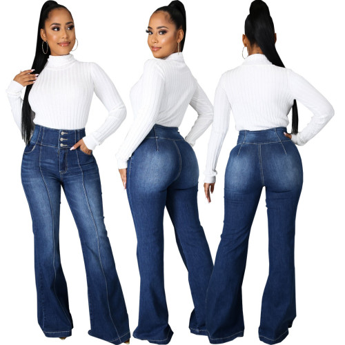 Trendy Patchwork Düğmeli Yüksek Bel Yıkanmış Denim Streç İnce Çan Altı Pantolon Flared Jeans