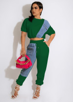 Women'S Casual Sports Color Contrast Denim Patchwork Pocket Drawstring Elastic Short Sleeve Two Piece Trousers Set