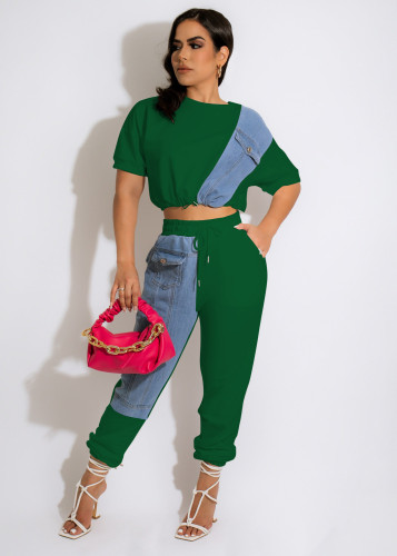 Женский повседневный спортивный цветной контрастный джинсовый пэчворк с карманом на завязках эластичный короткий рукав комплект из двух брюк