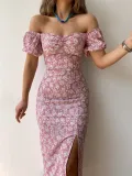 Women'S Off Shoulder Dress Classic Floral Elegant Slim Fit Slit Dress