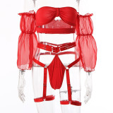 Low-Cut Nightclub Off Shoulder Mesh Sleeve Garter Sexy Temptation Red Underwear Lingerie Set