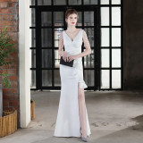 Elegant Bride Solid V-Neck  Ruffled Slit Slim Fishtail Wedding Dress