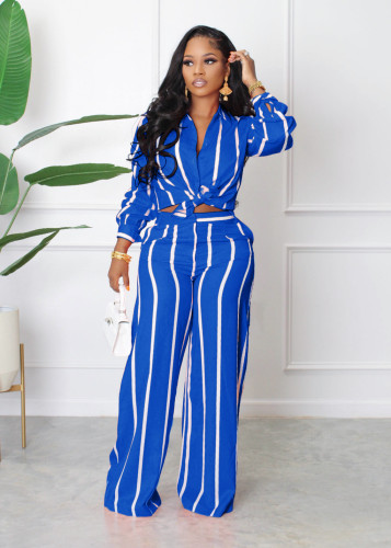 Women'S Striped Printed Long Sleeve Loose Shirt Straight Fit Pants Two Piece Set