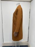 Autumn And Winter Women Solid Color Turndown Collar Button Woolen Coat