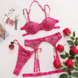 Girl Embroidered Flower Metal Sexy Halter Neck Sexy Garter Bra And Panty Three-Piece Lingerie Set