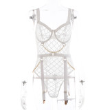 Sexy Mesh See-Through Metal Chain Erotic Teddy Lingerie Set