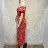 Women'S Off Shoulder Dress Classic Floral Elegant Slim Fit Slit Dress