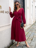 Women'S Autumn/Winter Elegant Long Sleeve V-Neck Pleated Dress