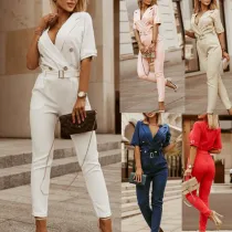 Spring/Summer Fit Turndown Collar Short Sleeve Professional Ol Jumpsuit