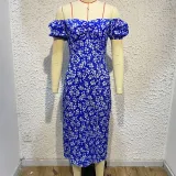 Women'S Off Shoulder Dress Classic Floral Elegant Slim Fit Slit Dress