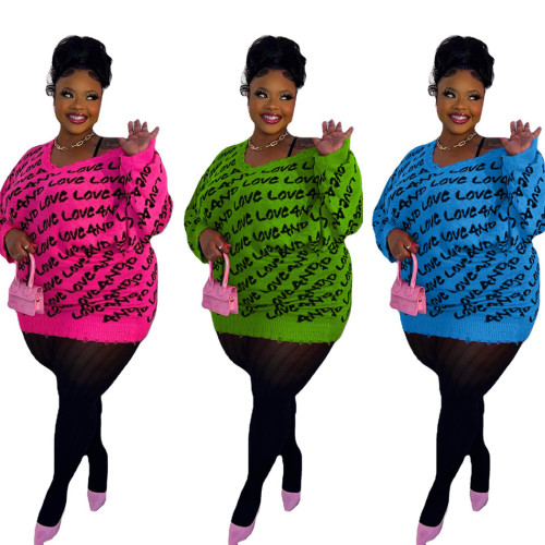 Suéter maxi rasgado con letras de punto para mujer de talla grande