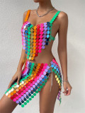 Summer Party Multicolor Sexy Sequin Two Piece Skirt Set
